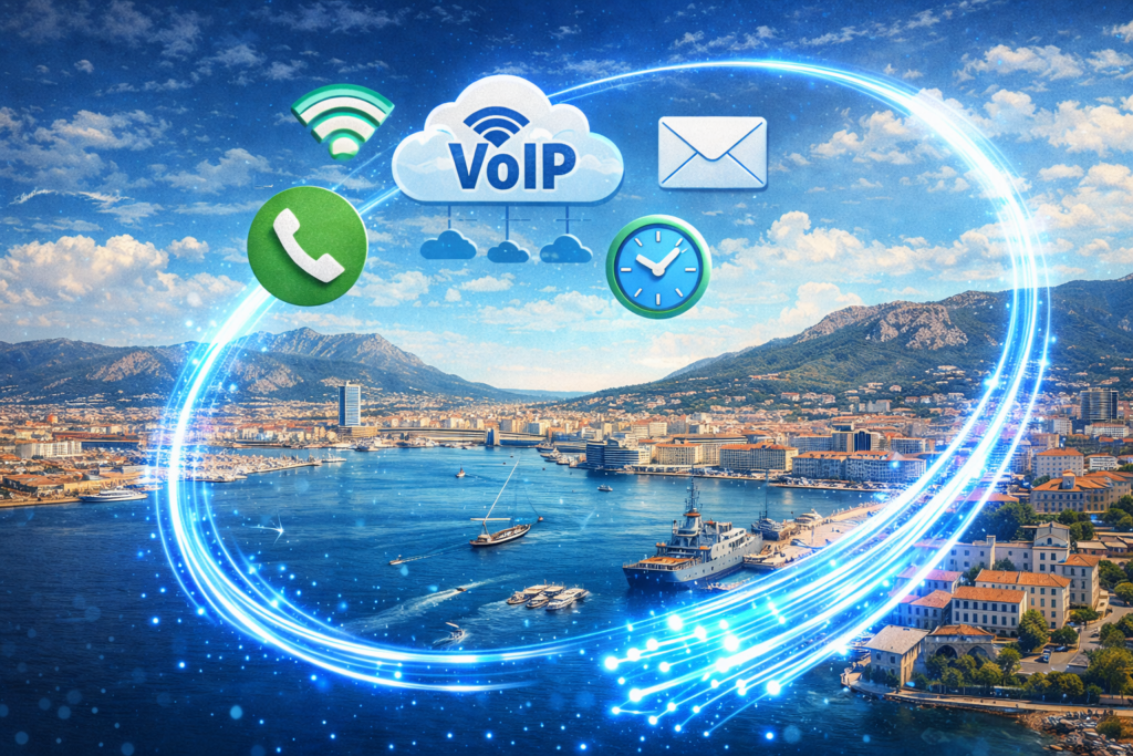 Vue de la rade de Toulon avec fibre optique lumineuse et icônes de téléphonie IP illustrant la fin du RTC dans le Var