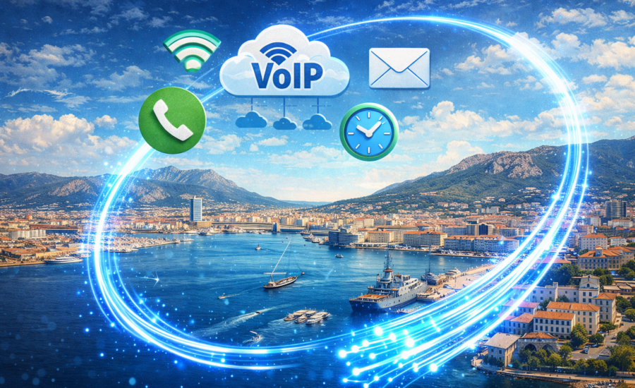 Vue de la rade de Toulon avec fibre optique lumineuse et icônes de téléphonie IP illustrant la fin du RTC dans le Var