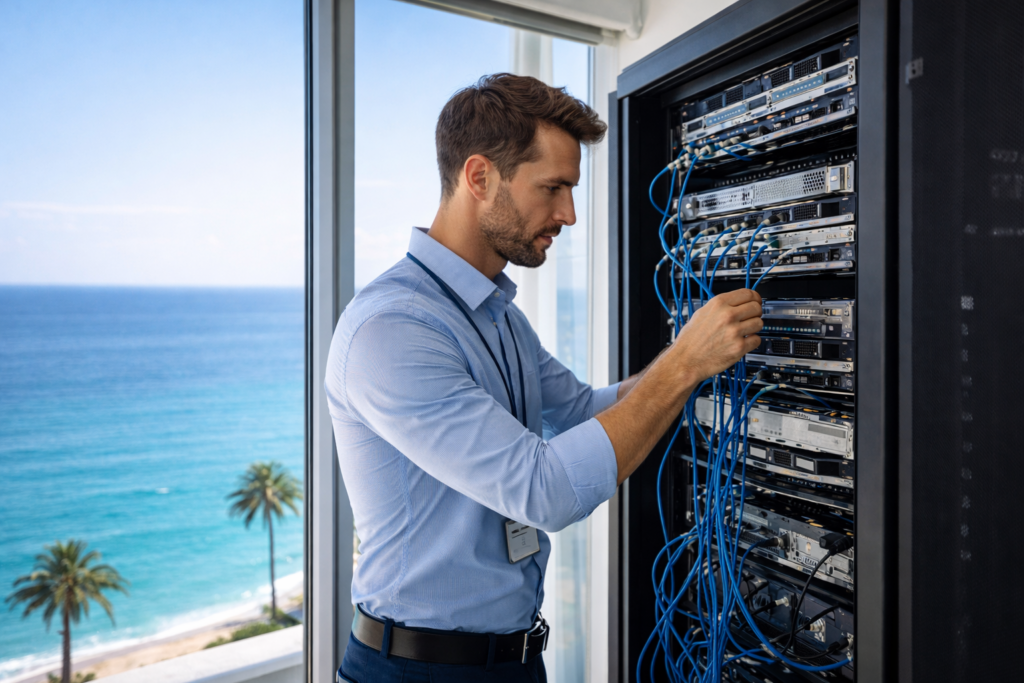 Technicien informatique dans un espace bureau avec vue sur la mer à Toulon, Hyères et La Valette