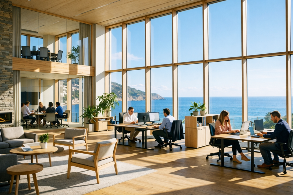 Technicien informatique en centre de coworking avec baie réseau et vue mer à Toulon Hyères La Valette