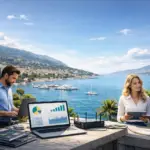 Équipe informatique en réunion stratégique avec vue mer à Toulon et Hyères dans le Var