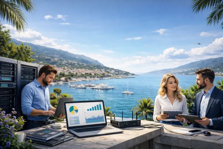 Équipe informatique en réunion stratégique avec vue mer à Toulon et Hyères dans le Var