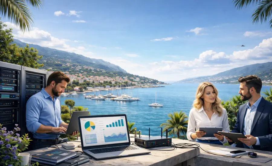 Équipe informatique en réunion stratégique avec vue mer à Toulon et Hyères dans le Var