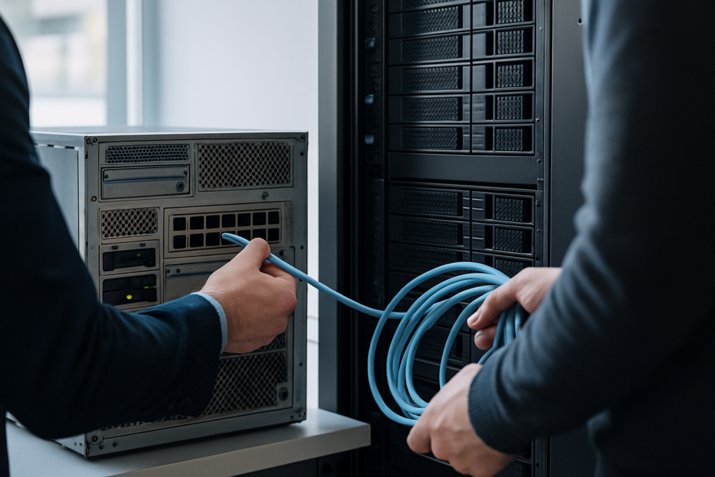 Passation de câble réseau symbolisant une transition maîtrisée lors du changement de prestataire informatique