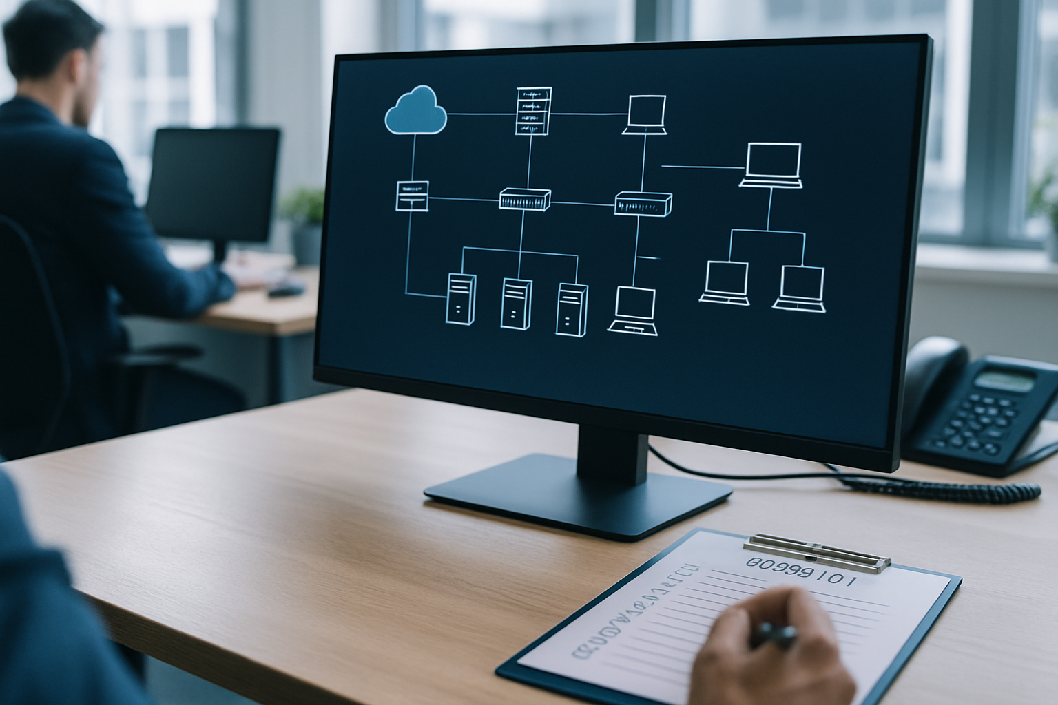 Écran et checklist représentant l'audit initial d'un environnement informatique d'entreprise