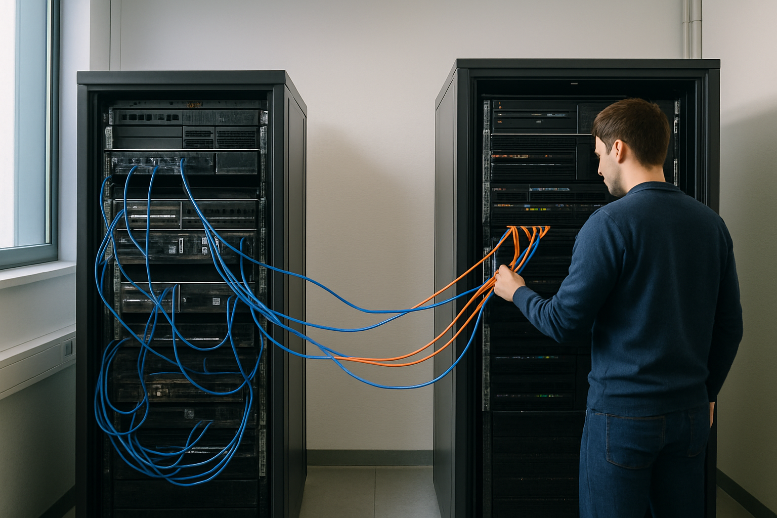 Deux baies serveurs connectées en parallèle illustrant une migration informatique progressive