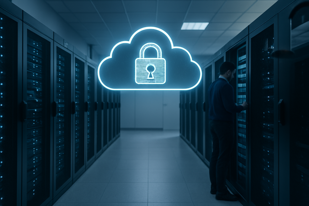 Illustration d'une checklist sauvegarde externalisée entreprise représentée par des serveurs et un cloud sécurisé