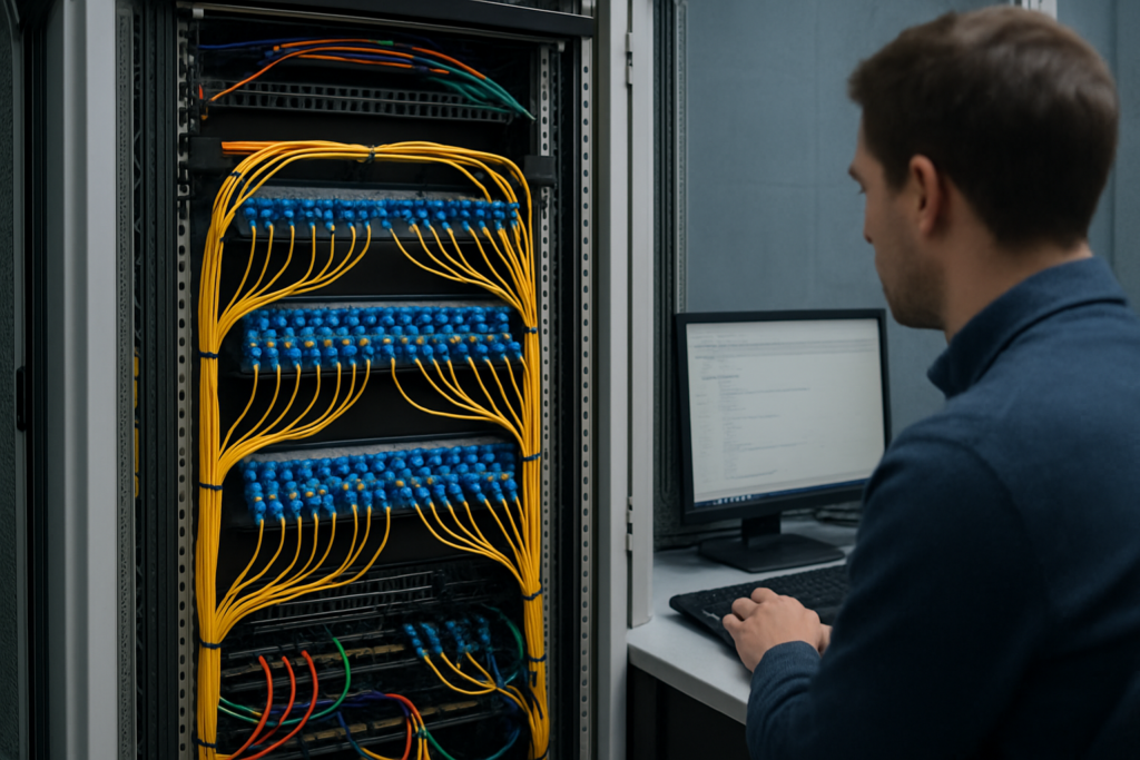 Panneau de brassage fibre optique dans un local technique, illustrant la fermeture réseau cuivre Var entreprise
