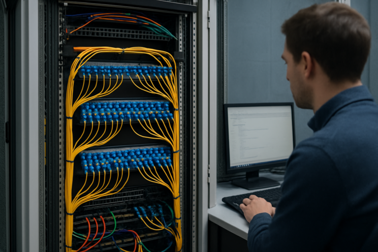 Panneau de brassage fibre optique dans un local technique, illustrant la fermeture réseau cuivre Var entreprise