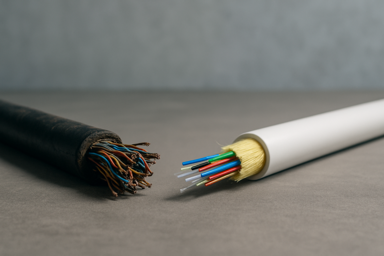 Comparaison visuelle entre un câble cuivre ancien et un câble fibre optique professionnel