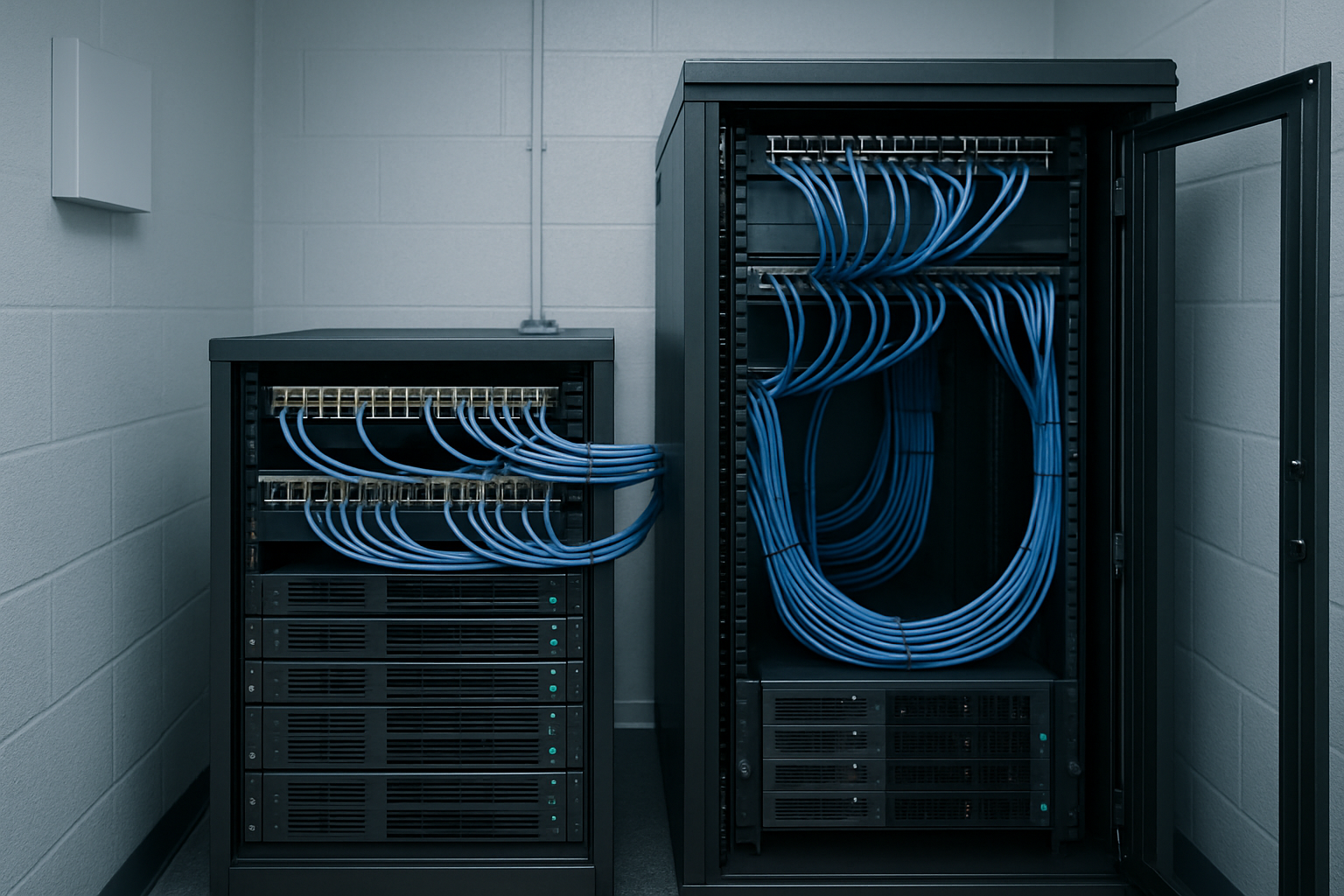 Baie de serveurs et équipements réseau représentant la supervision informatique d'une PME