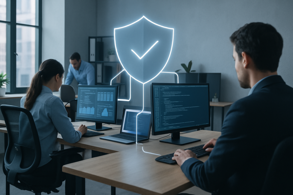 Illustration d'un firewall professionnel entreprise protégeant un réseau informatique composé de plusieurs postes de travail.