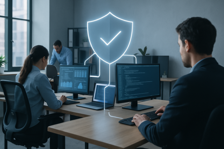 Illustration d'un firewall professionnel entreprise protégeant un réseau informatique composé de plusieurs postes de travail.