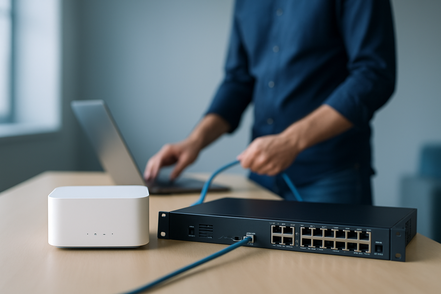 Comparaison visuelle entre une box internet grand public et un boîtier de sécurité réseau professionnel.