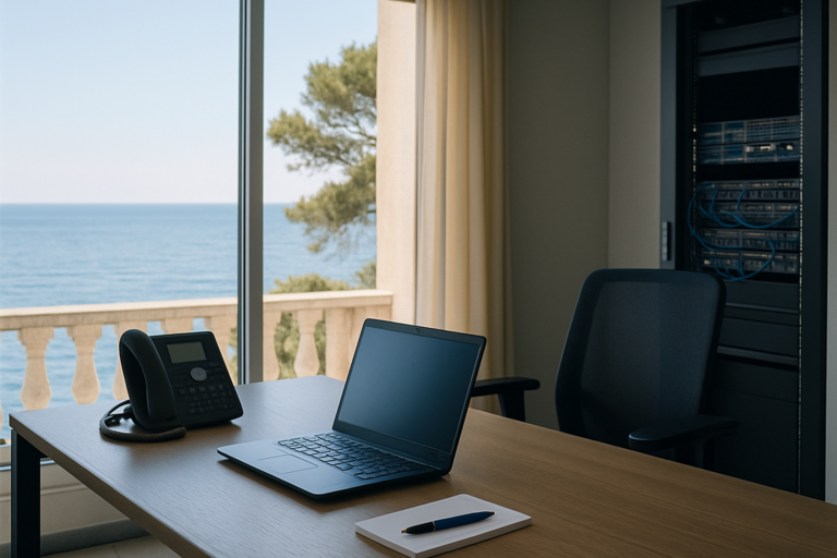 Bureau d'entreprise équipé d'ordinateur et de téléphonie IP, illustrant la maintenance informatique à Hyères.