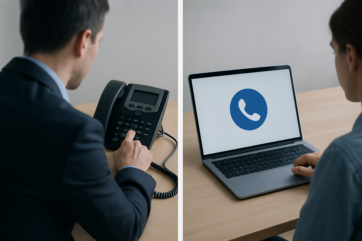 Comparaison visuelle entre un téléphone fixe traditionnel et un poste logiciel de téléphonie sur IP.