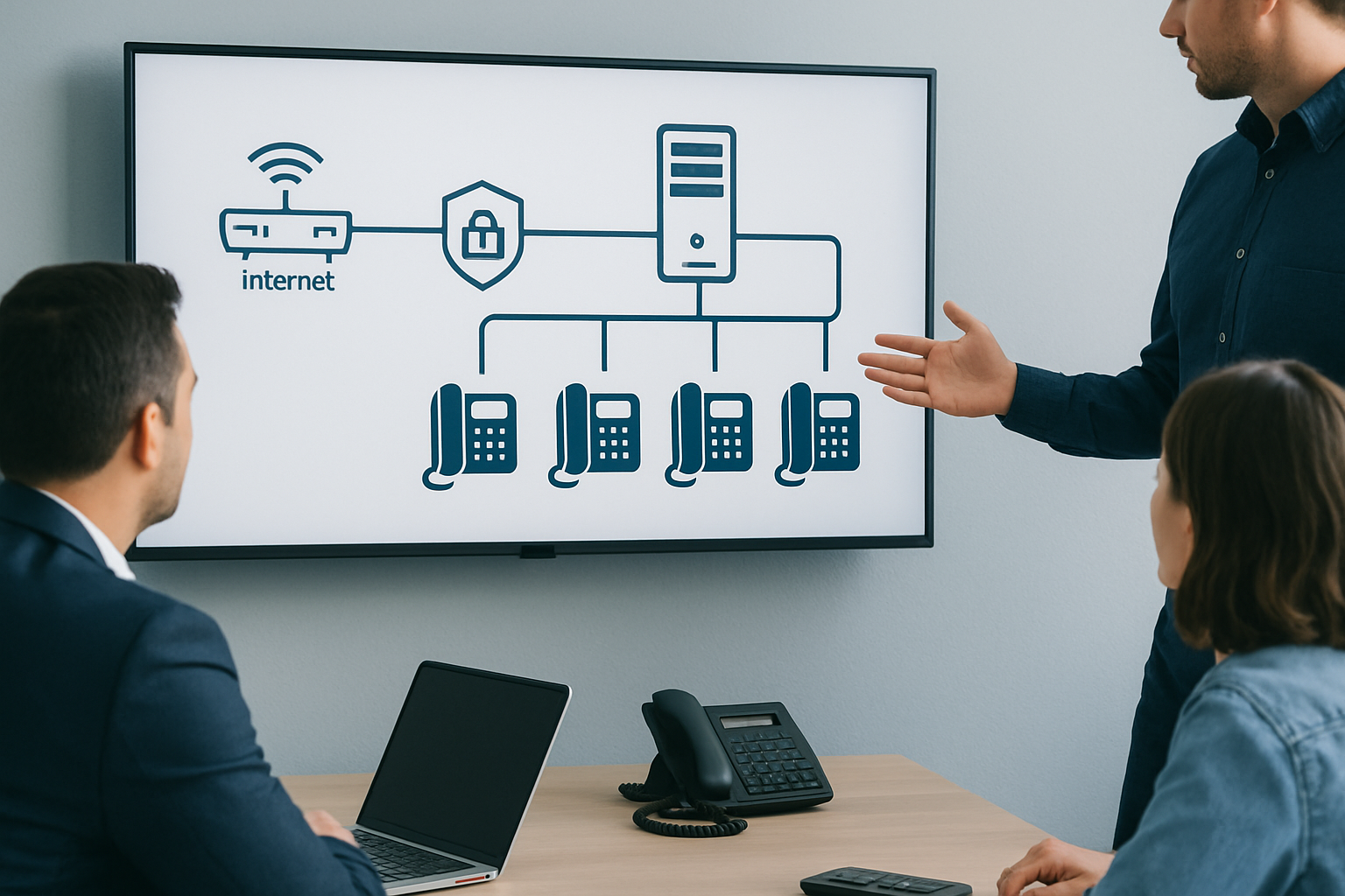 Schéma simplifié d'une architecture de téléphonie IP reliant lien internet, serveur et postes téléphoniques.