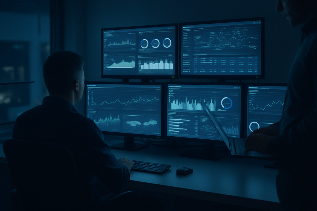 Écrans de supervision informatique 24 7 affichant l'état d'un réseau d'entreprise pendant la nuit