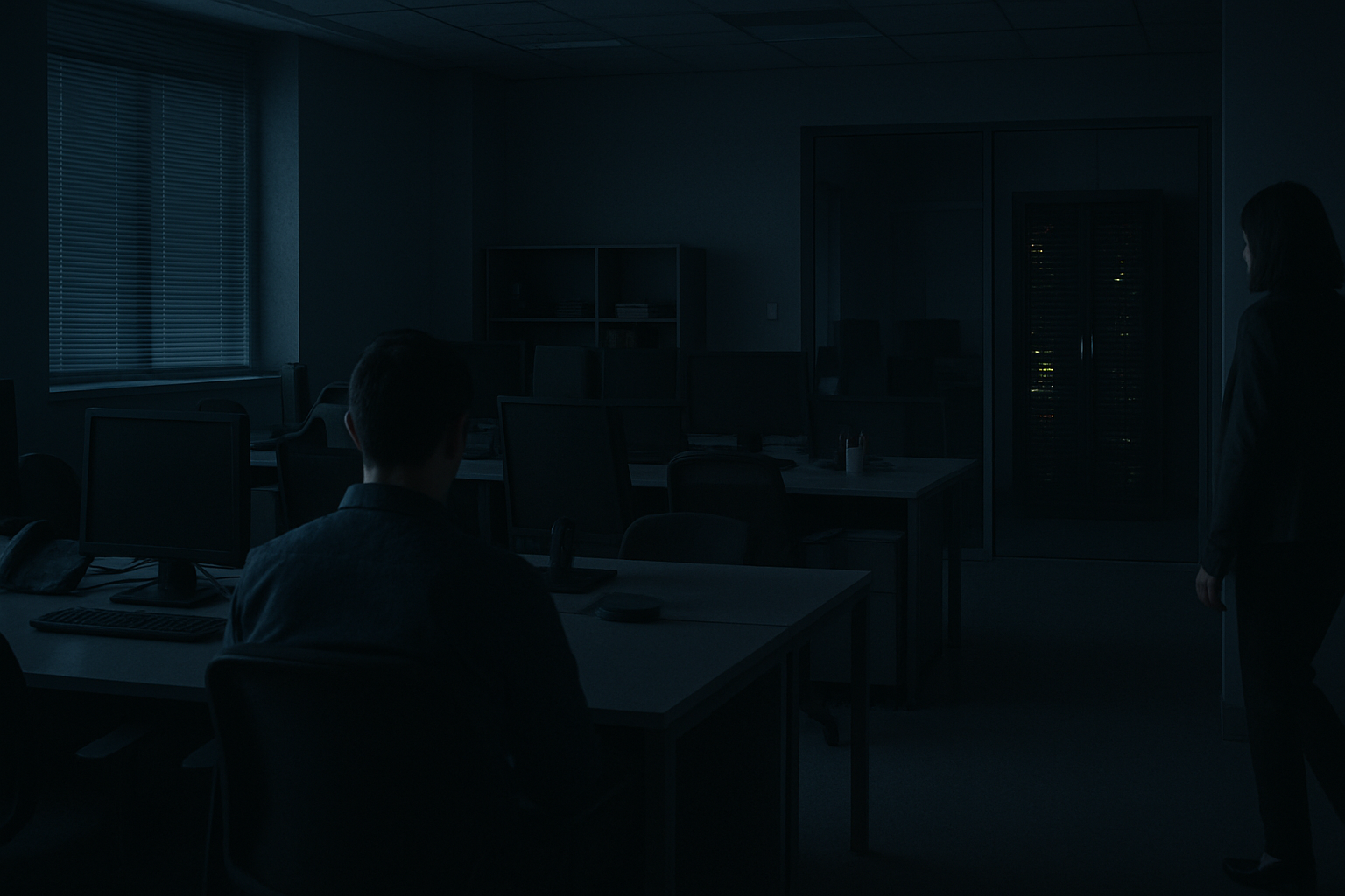 Salle serveur d'une entreprise plongée dans le noir pendant une panne informatique nocturne