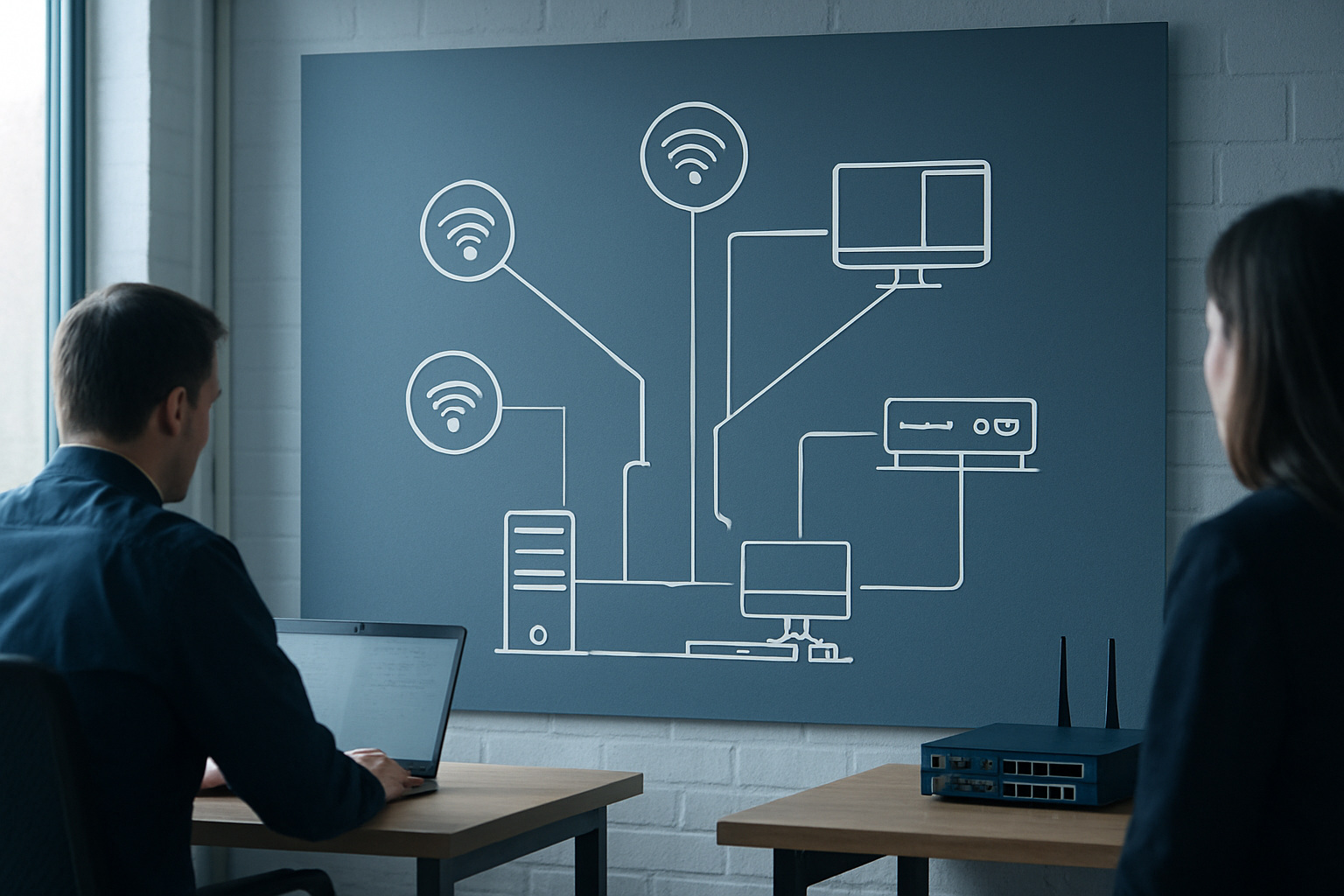 Schéma représentant la surveillance continue reliant serveurs, postes de travail et équipements réseau
