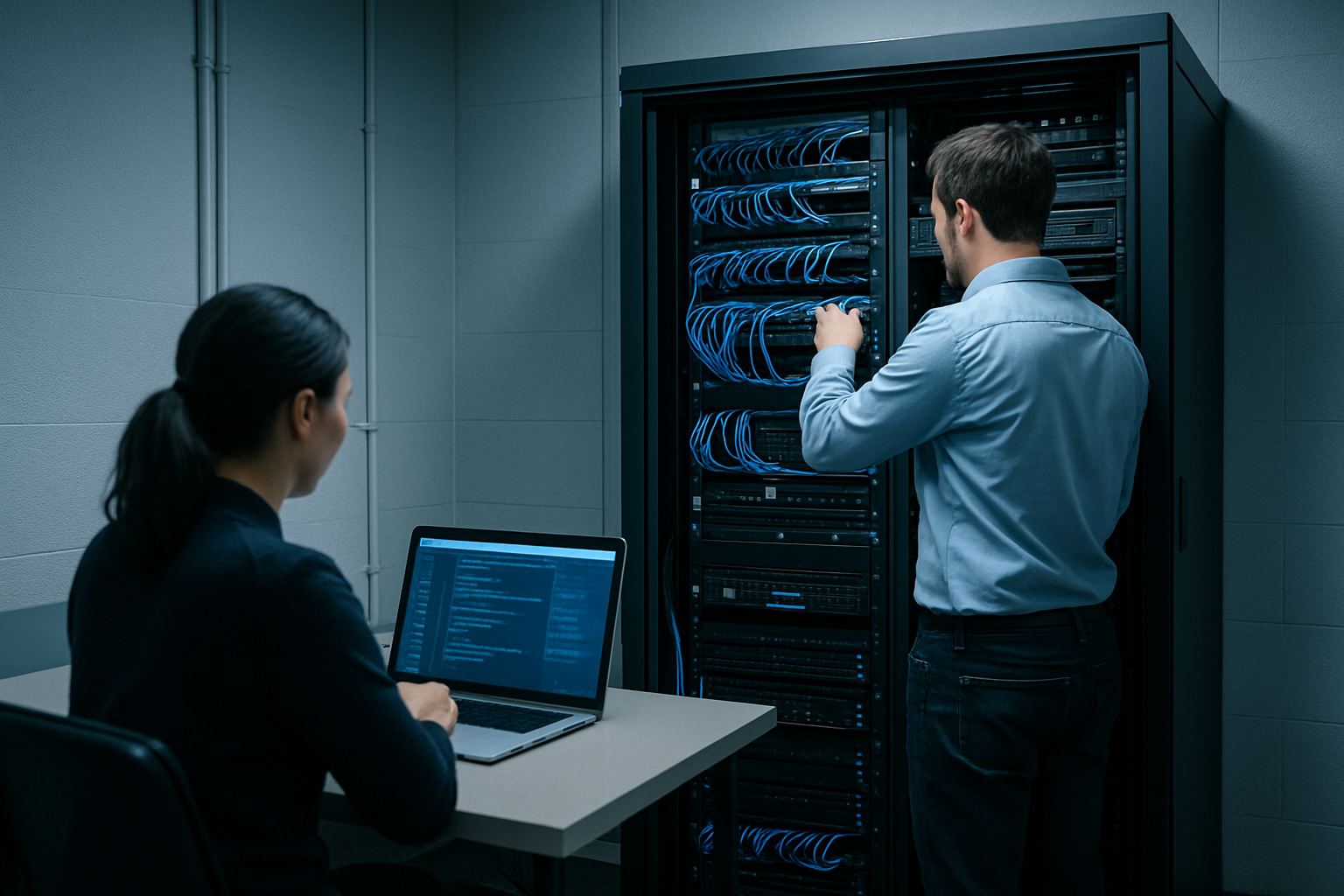 Baie de serveurs et équipements réseau représentant l'infrastructure couverte par un contrat d'infogérance
