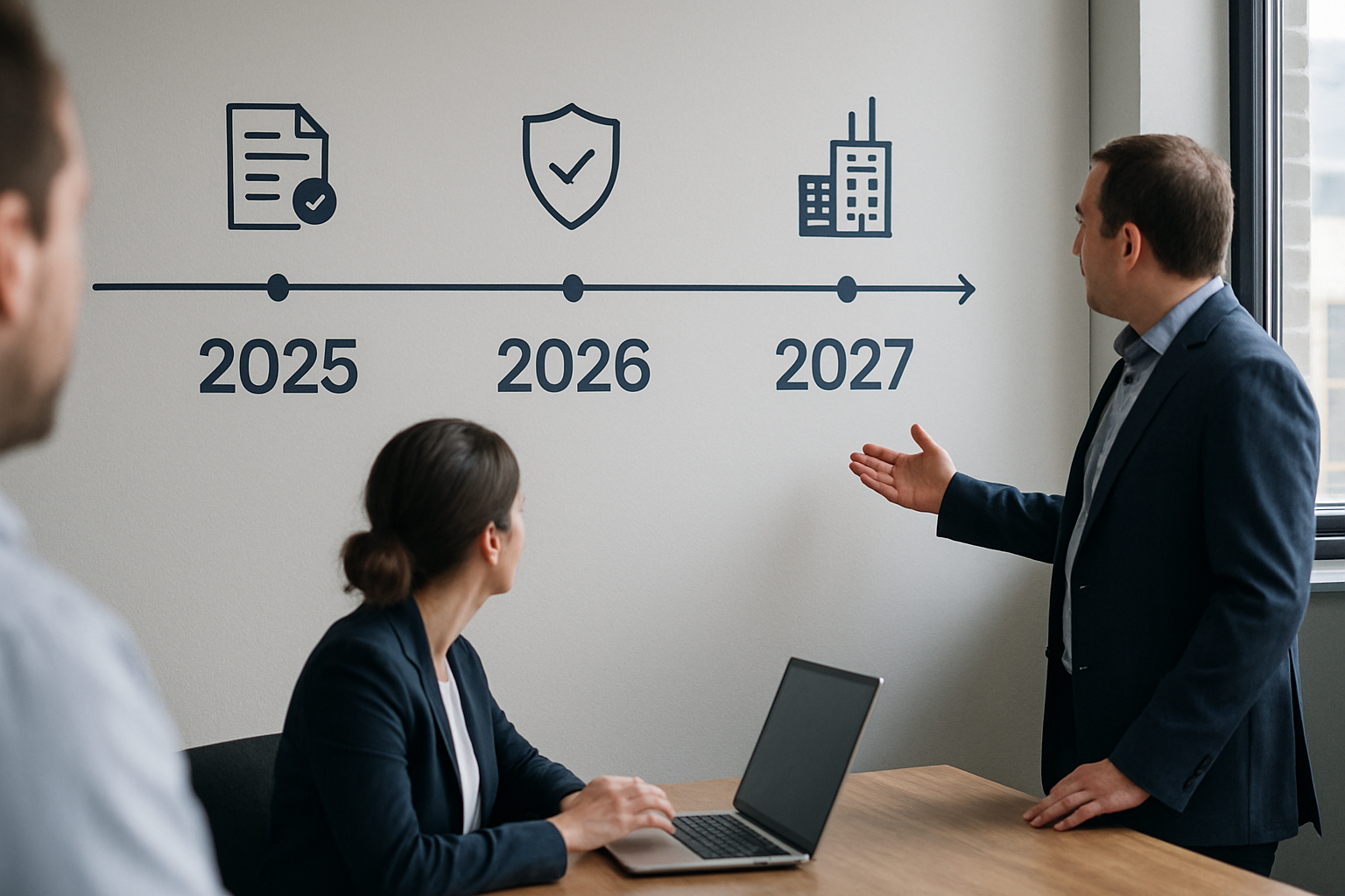 Frise chronologique représentant les étapes de mise en conformité réglementaire entre 2024 et 2027
