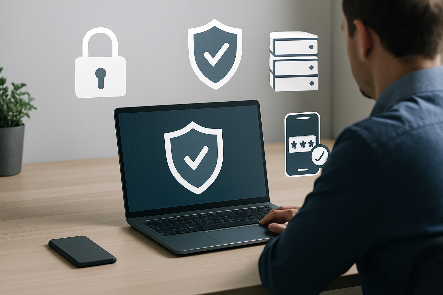 Icônes représentant les mesures techniques de cybersécurité : pare-feu, sauvegarde, authentification renforcée