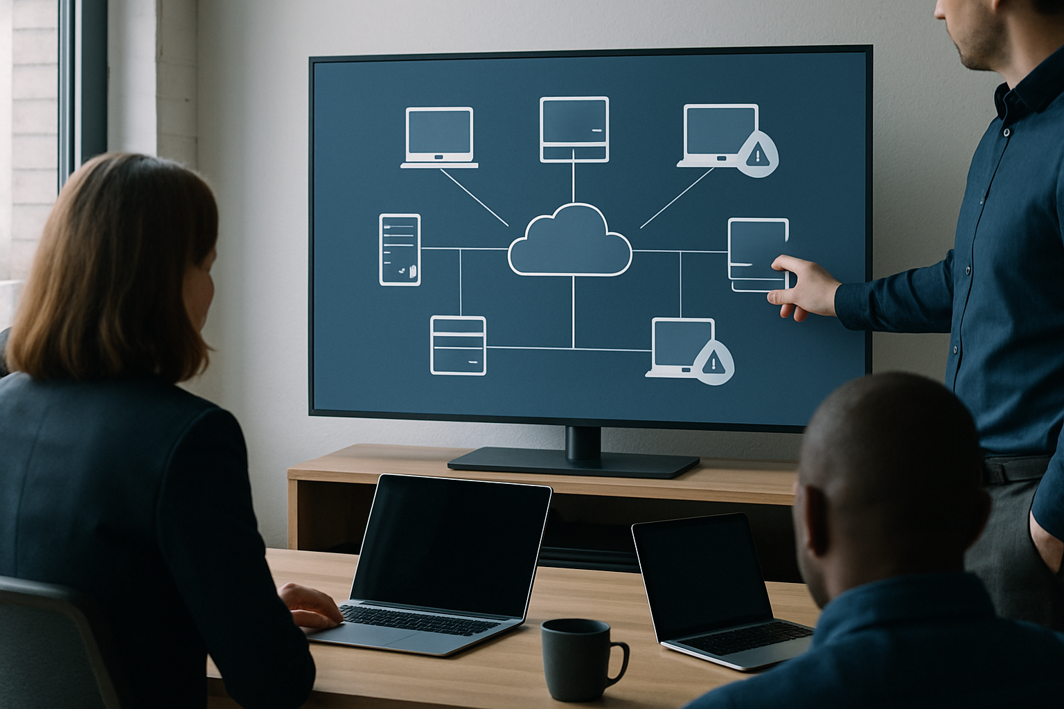 Schéma d'un réseau informatique d'entreprise avec symboles d'alerte sur certains équipements vieillissants.